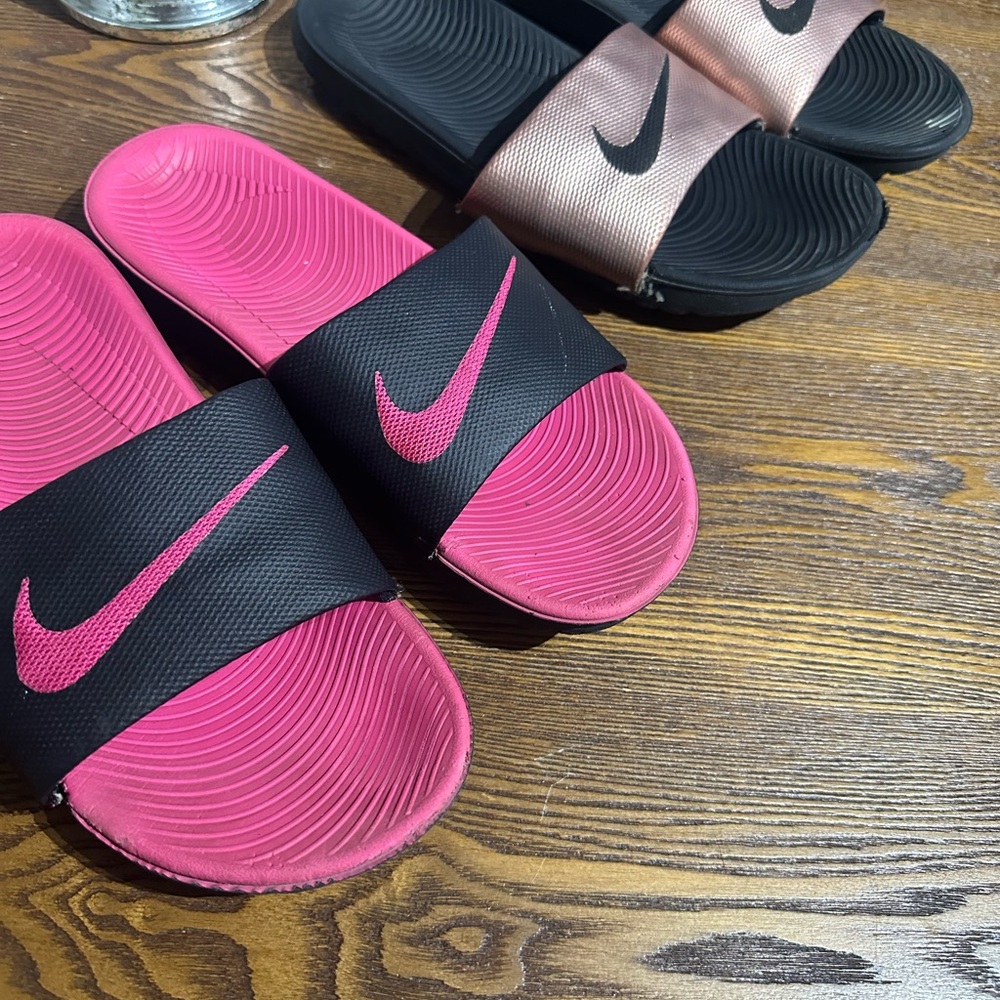 Nike Black and Pink Slide Sandals